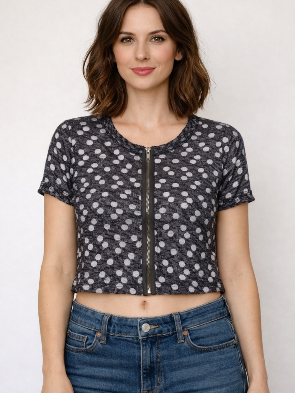 SoCa by St. John Polka Dot Zip Knit Top – Sleeveless Textured Designer Blouse